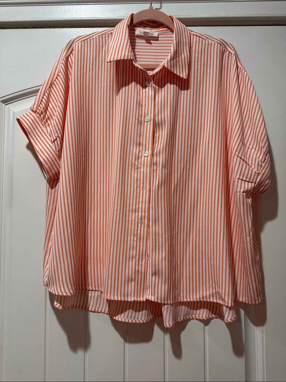 NWOT. Women's Peach Stripe Button-Down Shirt - Relaxed Short Sleeve